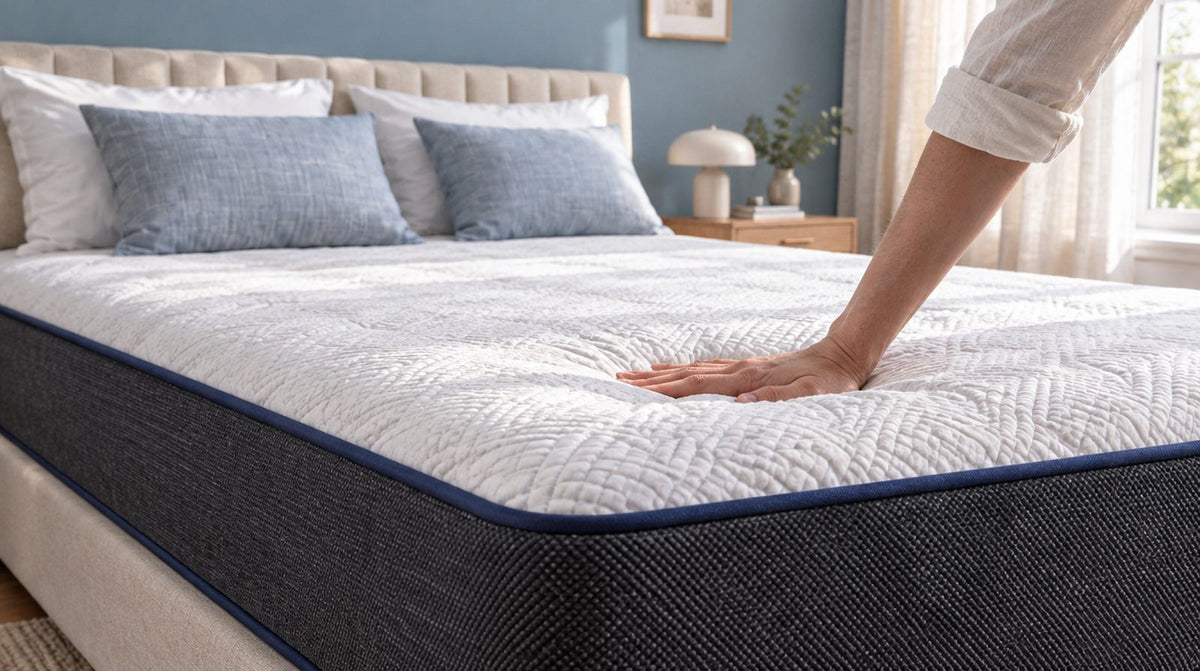 Een hand drukt op het ligoppervlak van een matras om de stevigheid te voelen