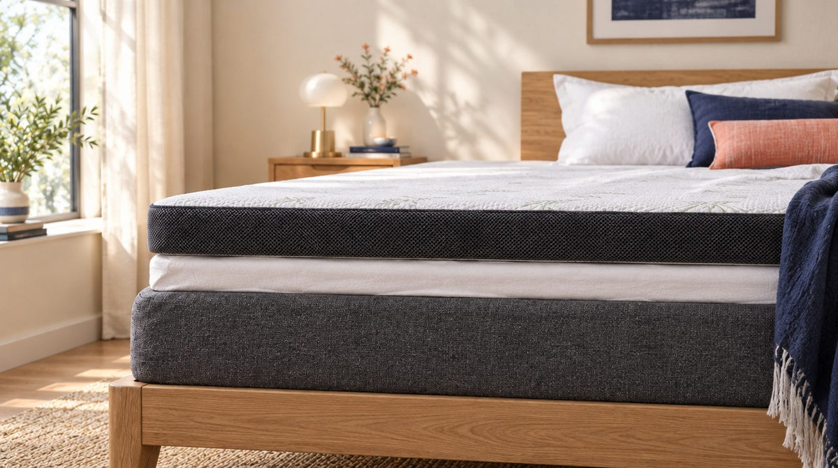 Zijaanzicht van een bed met matras, dunne matrastoplaag en topper als bovenste laag