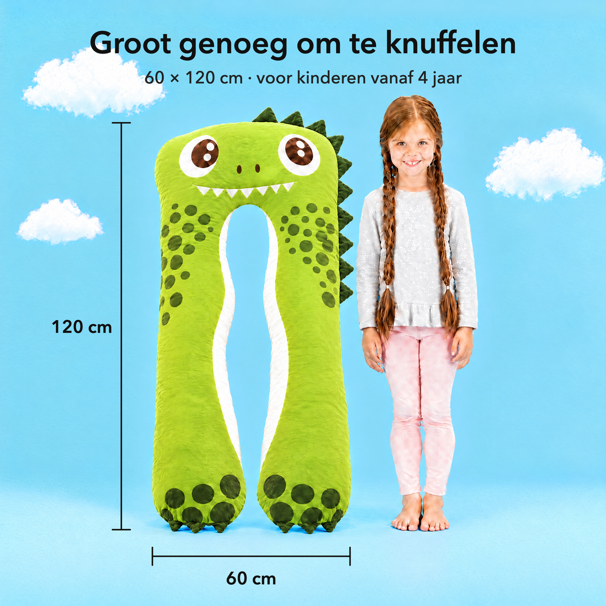 Dino – Maat 60 × 120 cm vergeleken met een kind