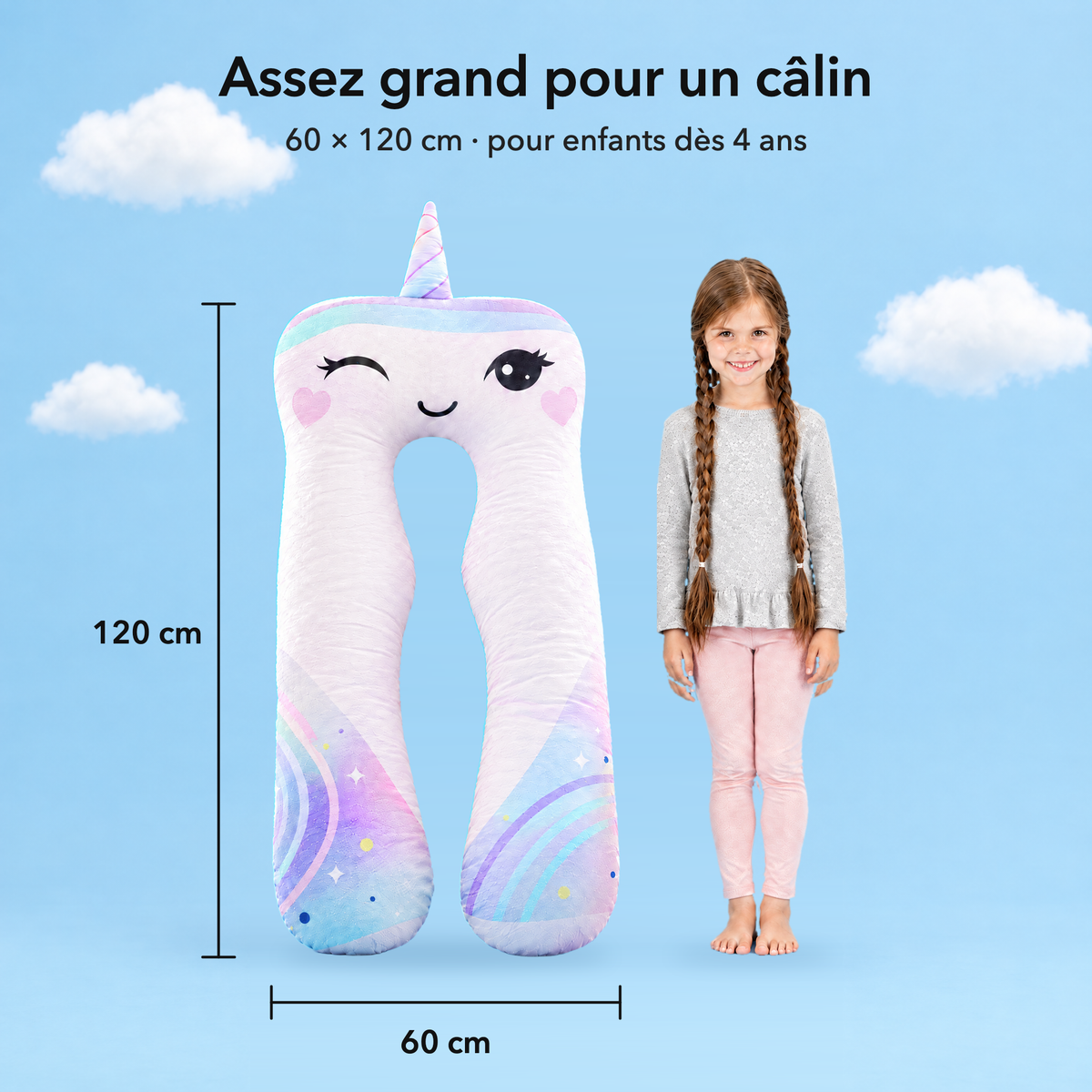 Licorne – Taille 60 × 120 cm comparée à un enfant