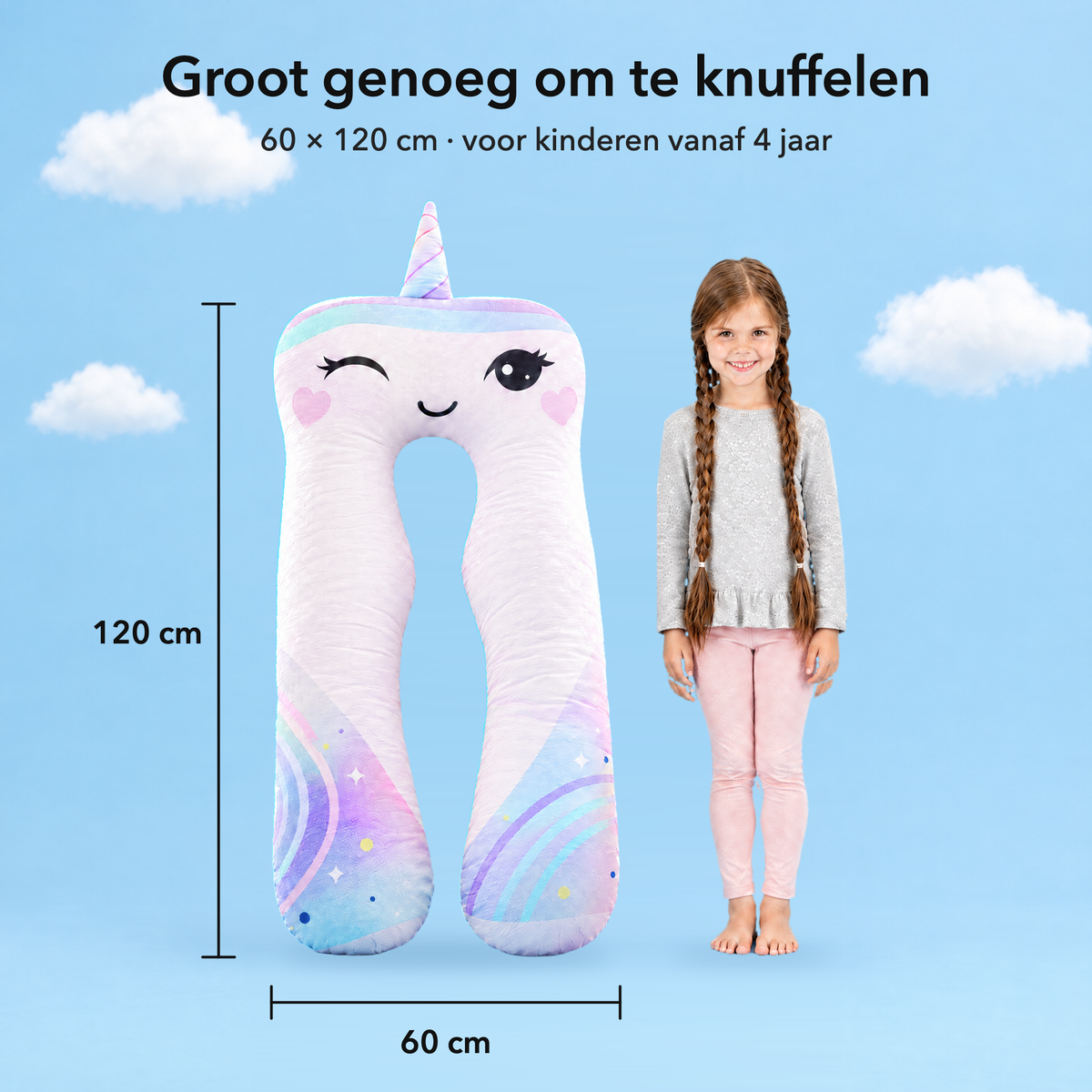 Eenhoorn – Maat 60 × 120 cm vergeleken met een kind
