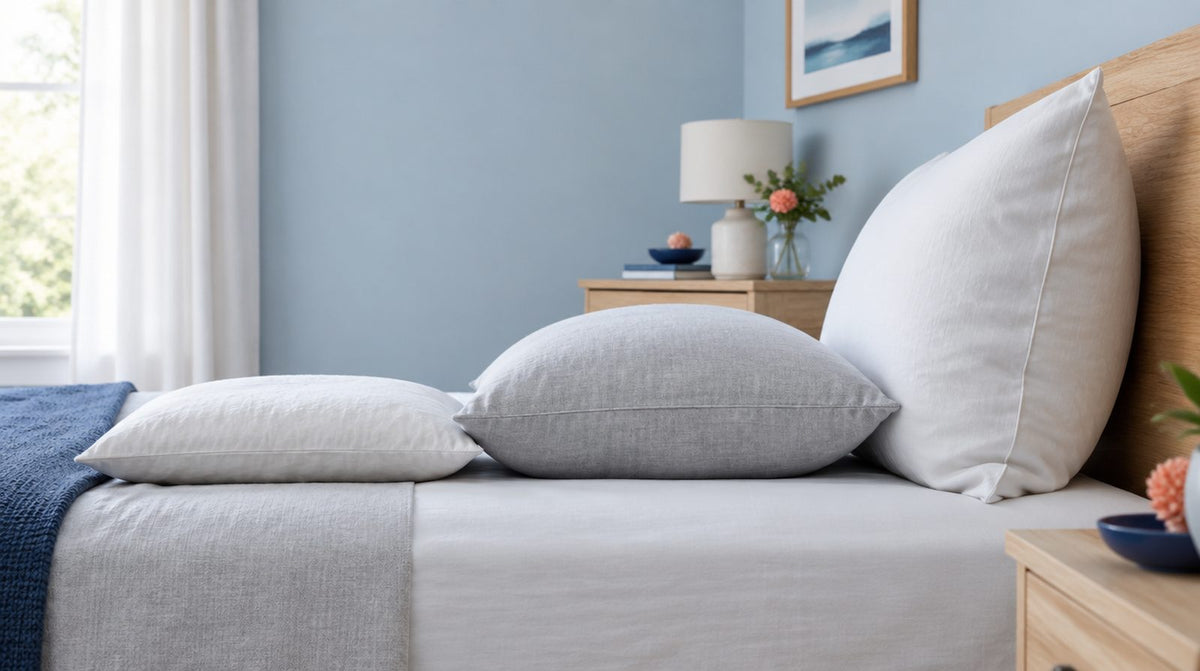 Vue de côté d'oreillers de différentes hauteurs sur un lit, hauteurs d'oreiller comparées