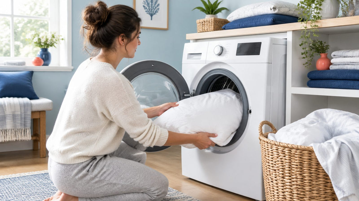 Une taie d'oreiller placée dans un lave-linge à hublot pour laver l'oreiller